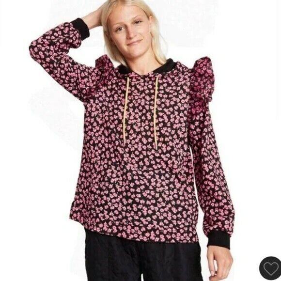 Sandy Liang x Target Floral Ruffle Shoulder Hoodie Sweatshirt Pink Black Size XS - Picture 2 of 12